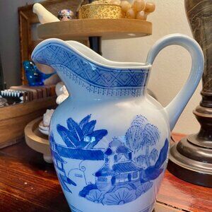 Vintage Blue White Chinoiserie Pitcher 8.5" tall, Blue Willow Design